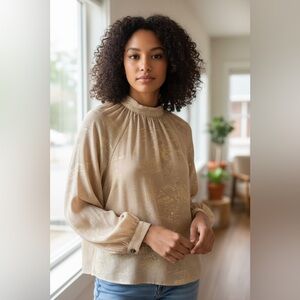 Zara Beige Blouse with Gold Sparkle Mock Neck